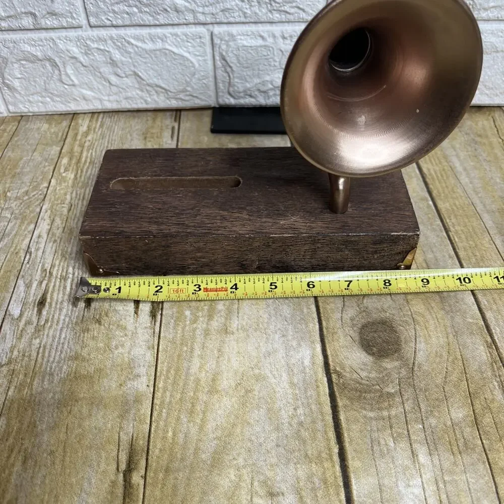 Wooden Smartphone Dock with Vintage Sound Amplifier, Brass Corners